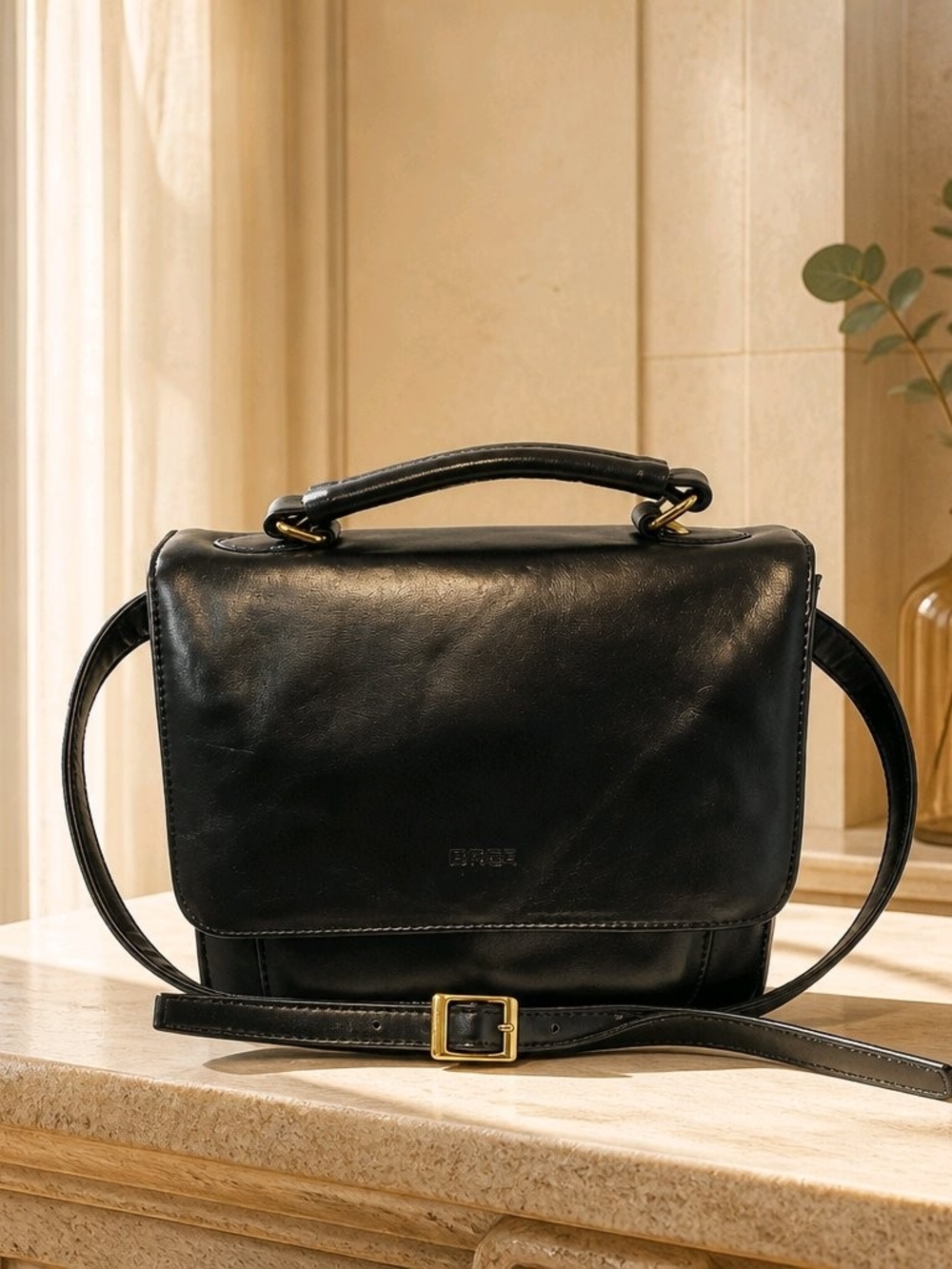 Vintage Visione Classic Black Leather Satchel with Top Handle and Strap